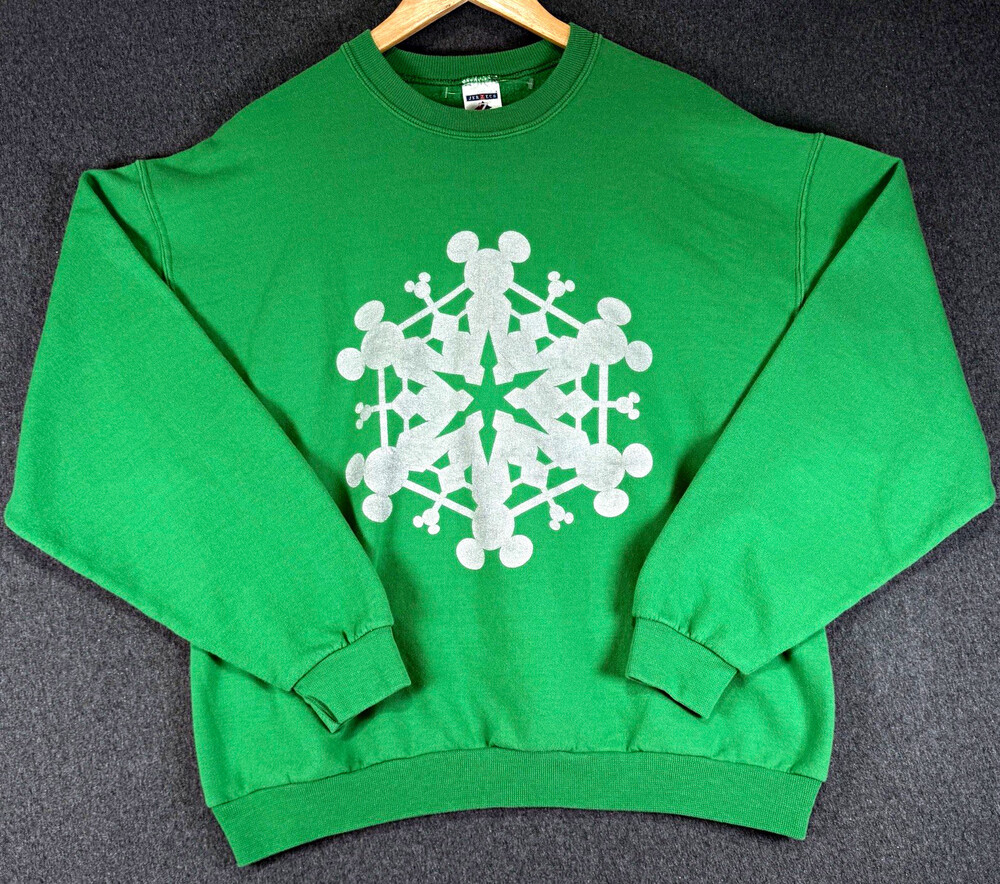 Jerzees Mickey Mouse Snowflake Sweatshirt Large Green Christmas Glitter Crewneck